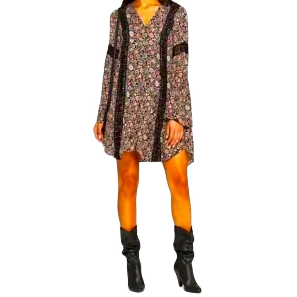 Knox Rose Multicolor Floral Crochet Boho Tunic Mini Dress, Size Medium